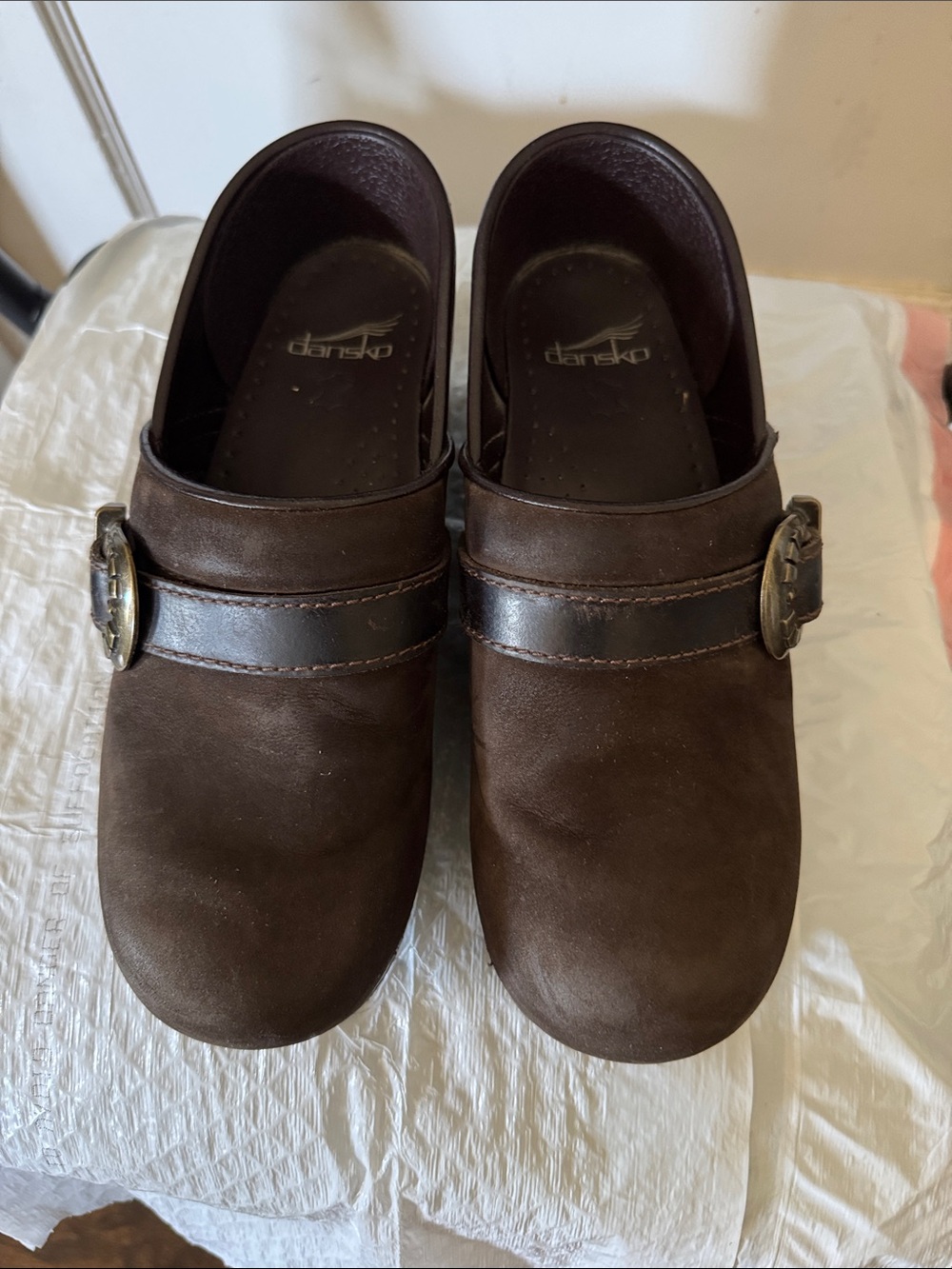 Dansko Brown Leather Clog Mules with Buckle Detail